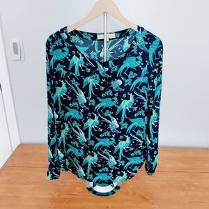 LOFT Green and Blue Bird Patterned Blouse